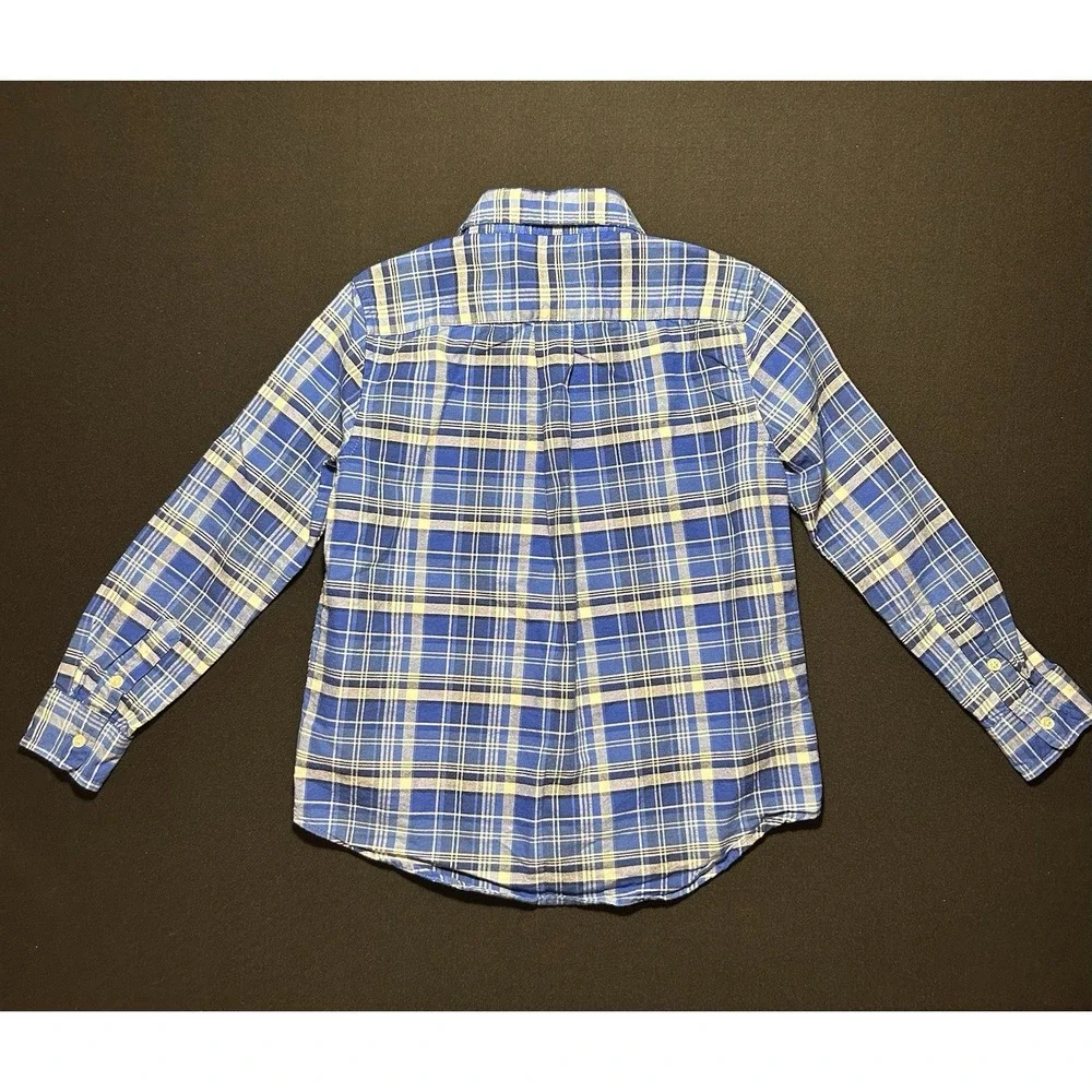 Ralph Lauren Boys Blue White Plaid Button-Down Cotton Shirt Long Sleeve Size 7